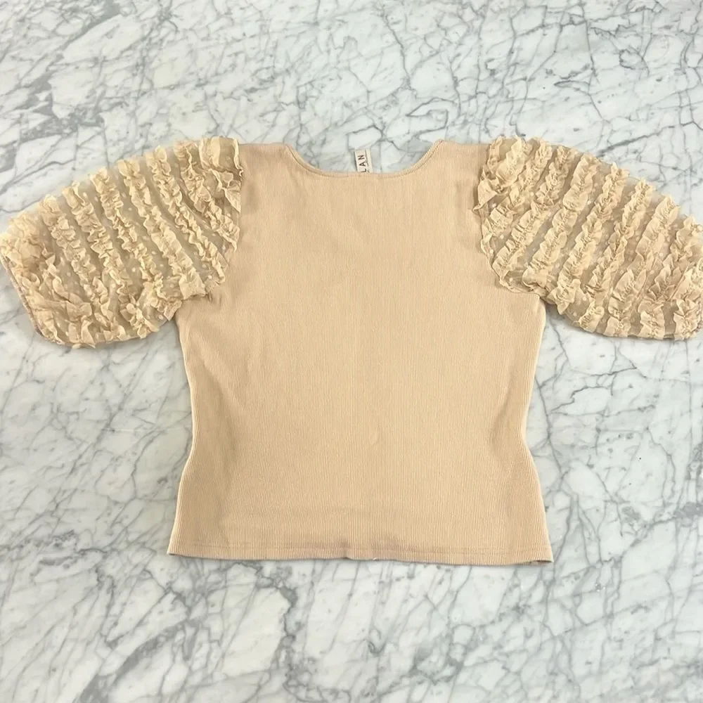 Anthropologie Dolan Top Knitted Puff Sleeve Pullover Beige Sz XL